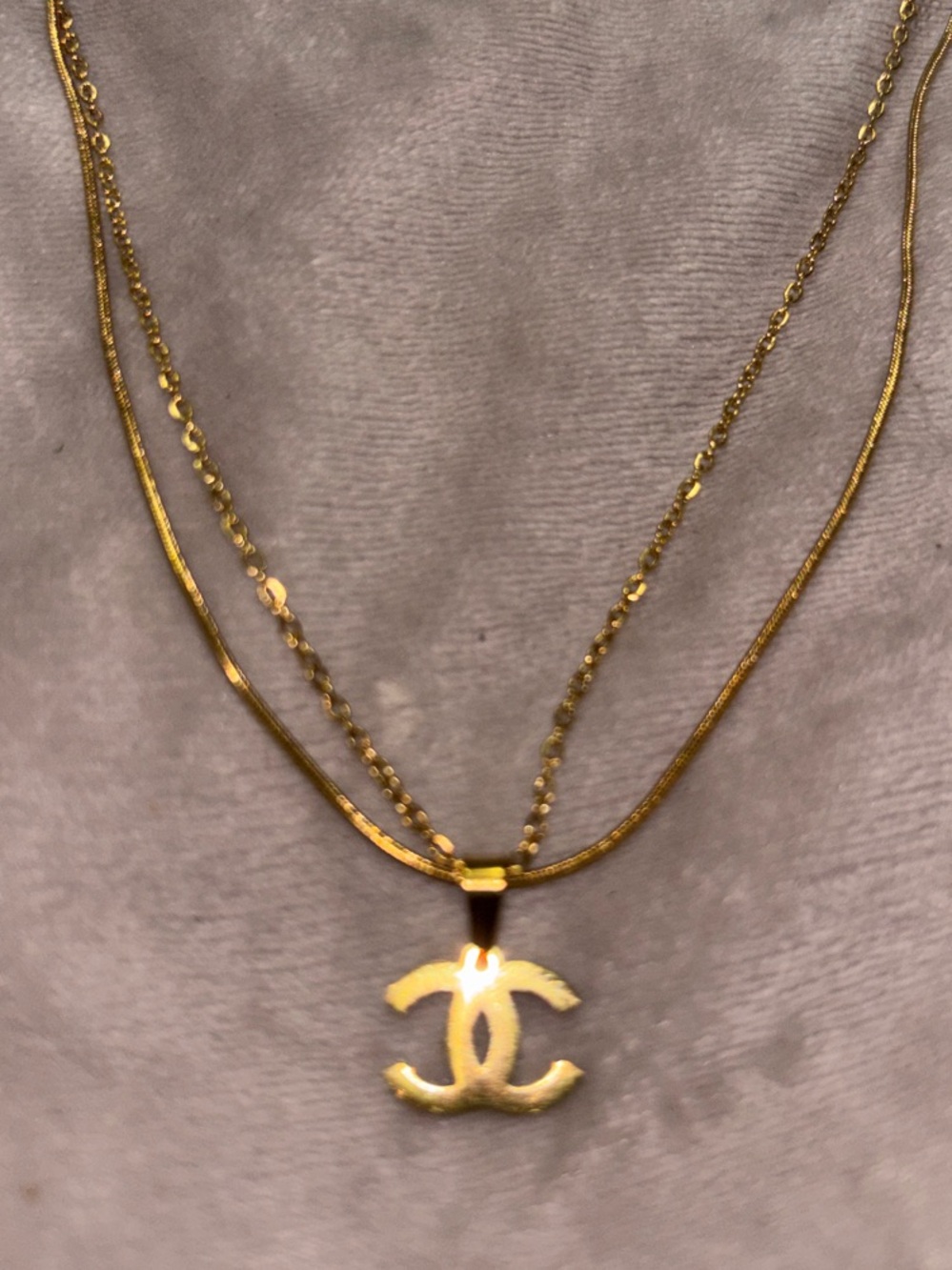 Gold Double-Chain Necklace with Interlocking CC Pendant